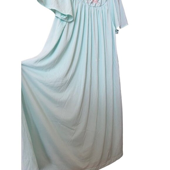 Vintage Shadowline Aqua Nylon Nightgown & Robe Silky Roses Embroidery Small Mcm - Picture 4 of 16